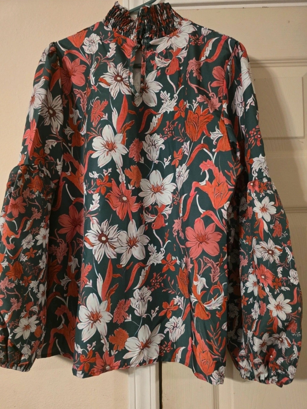 Floral High-Neck Blouse - Coral & White on Dark Green